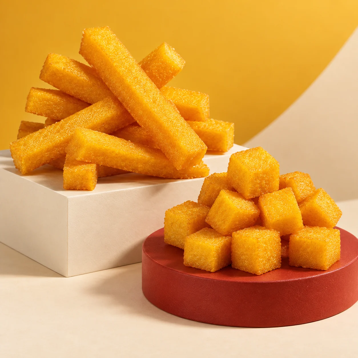 Polenta Churraspin nos cortes palito e cubo